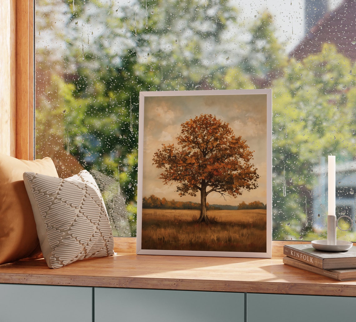 Lone Autumn Oak Tree with Orange Leaves in Golden Field Poster - Image 2