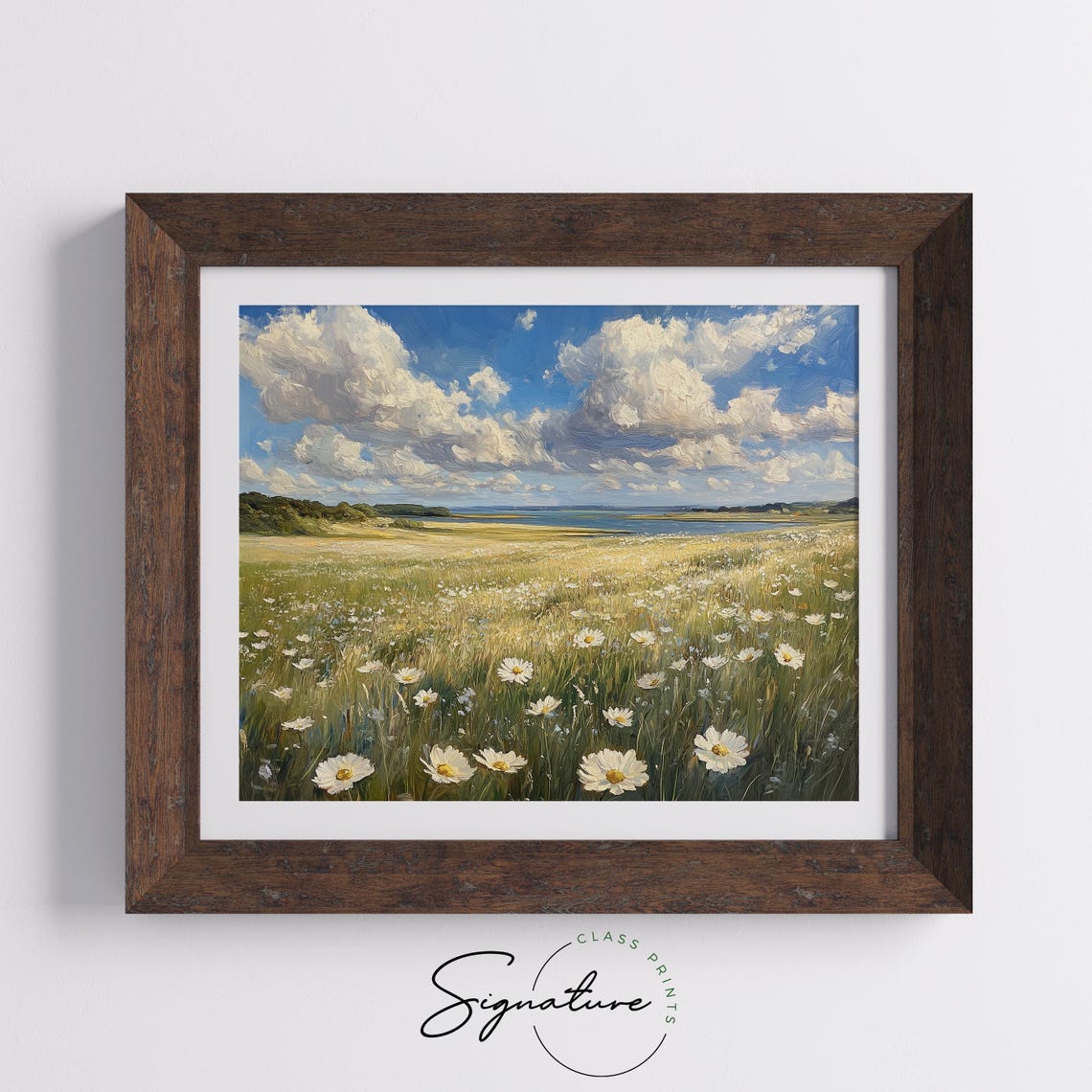 White Daisy Meadow Lakeside Dramatic Clouds Summer Wildflower Poster - Image 5