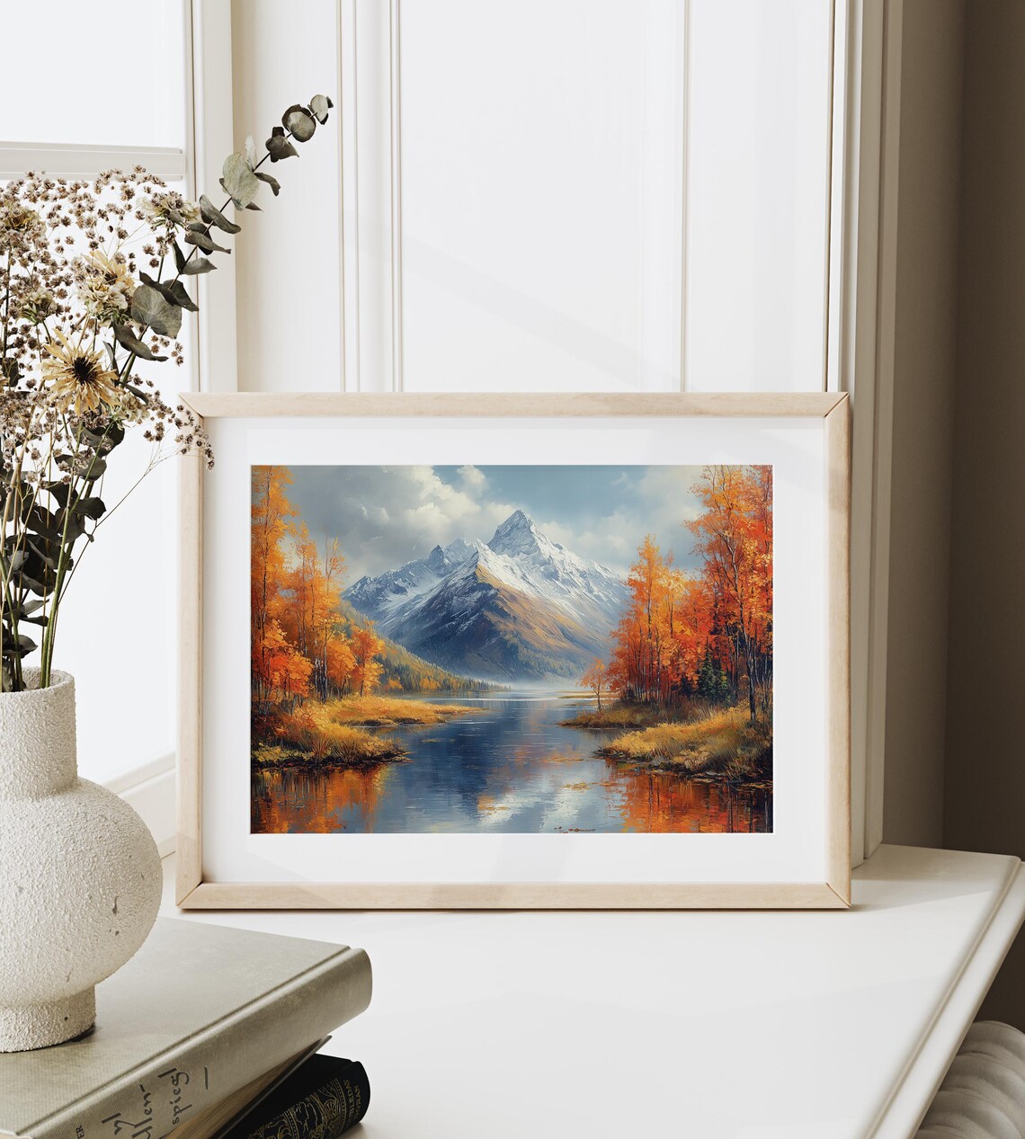 Snow Capped Mountain Reflected in Still Lake Framed by Autumn Birches Wall Art - Image 6