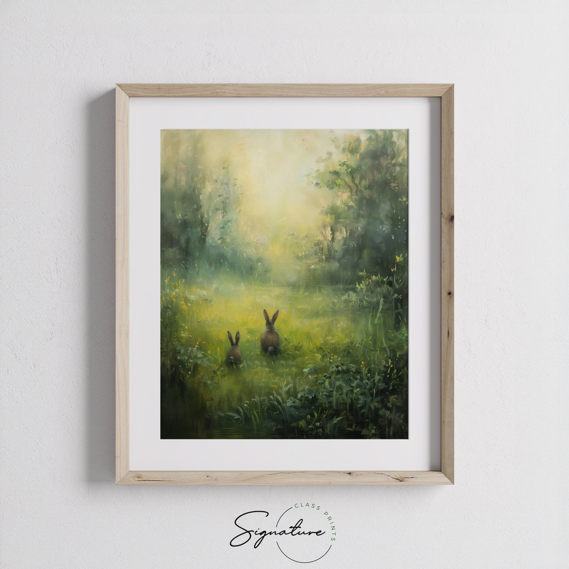 Two Bunnies In Sunlit Meadow Woodland Rabbit Painting Wall Art - Image 3