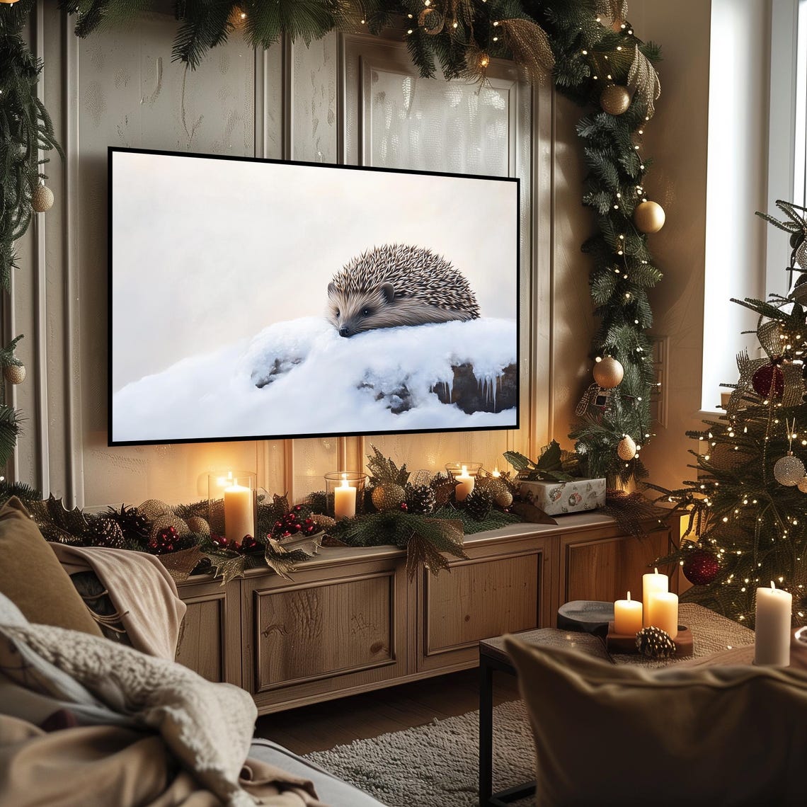 Hedgehog Resting on Snowy Log with Icicles Winter Art Poster - Image 3