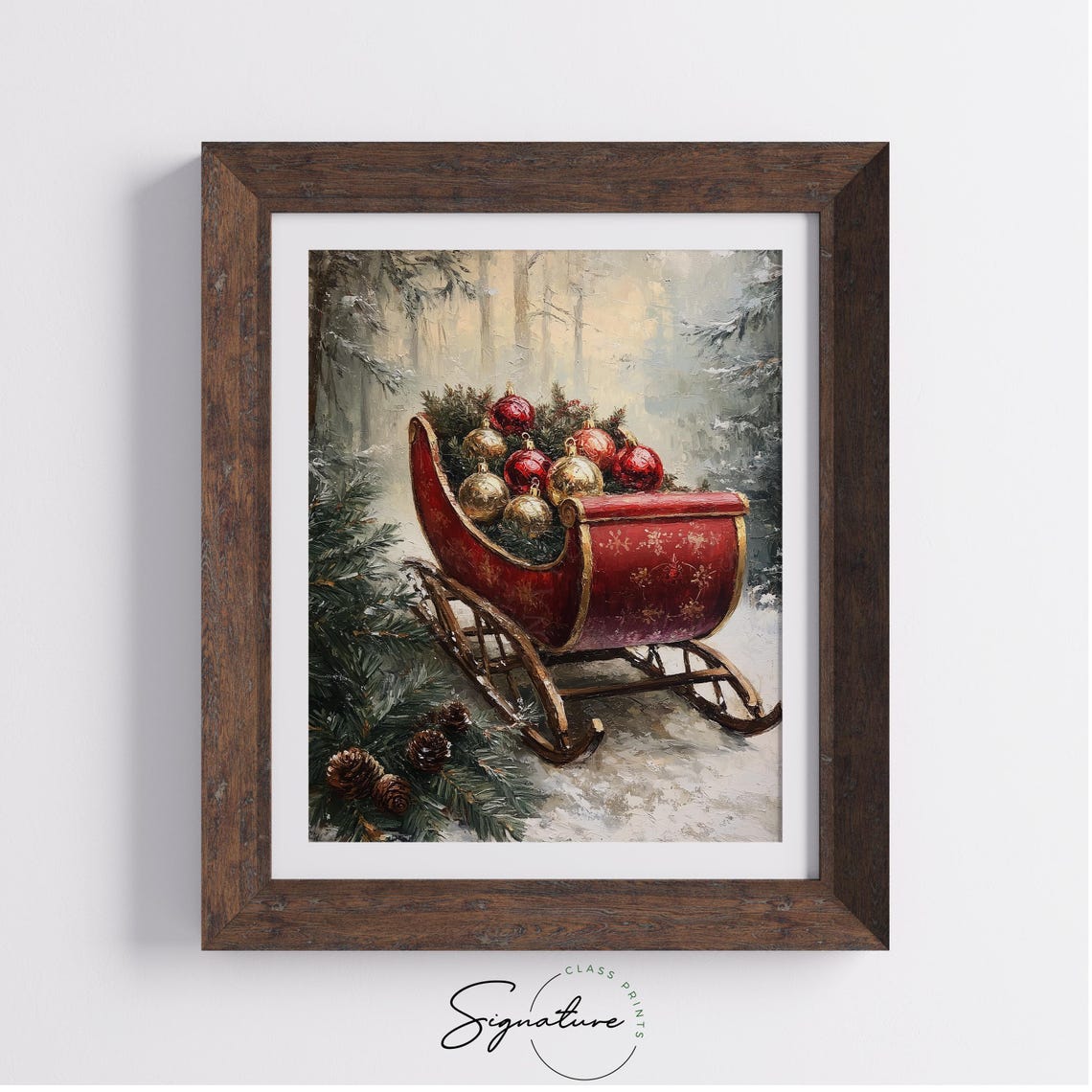 Red Vintage Sleigh Full of Ornaments Snowy Forest Christmas Print - Image 3