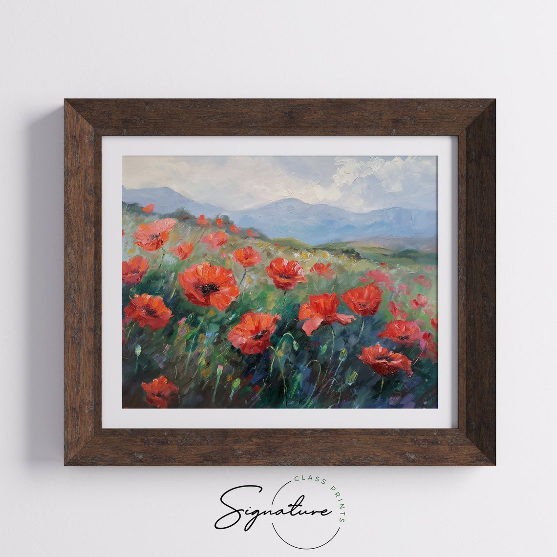 Red Poppy Field with Blue Mountains Impressionist Landscape Poster - Image 5