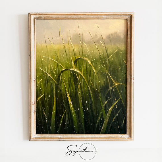 Tall Grass With Morning Dew Painting Fresh Dew Drops On Green Blades Nature Landscape Art Rustic Wall Decor Fresh Start 622