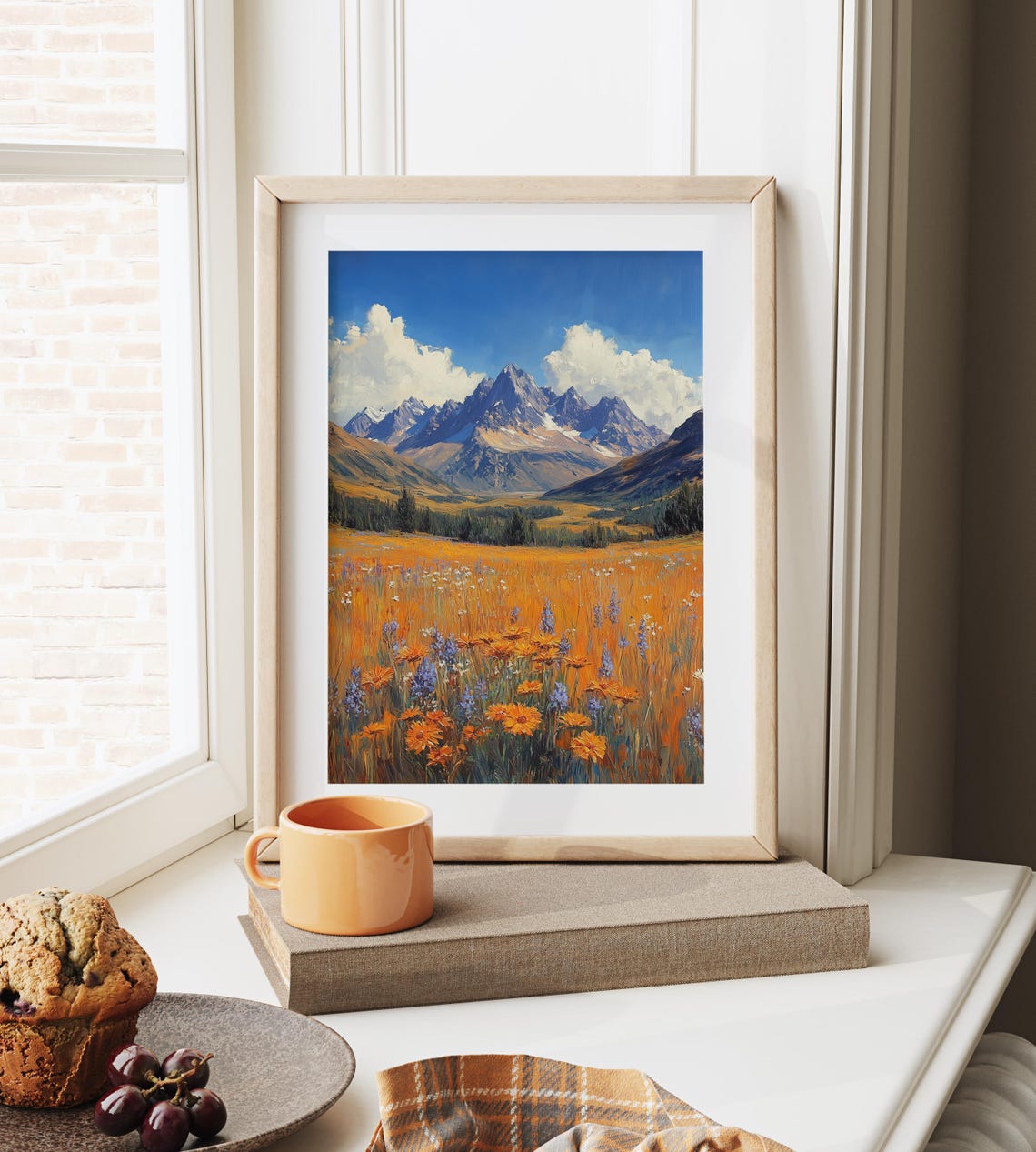 Alpine Wildflower Meadow Orange Blooms Snowy Peaks Blue Sky Poster - Image 6