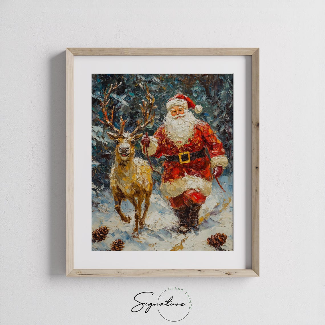 Santa Claus Walking With a Reindeer in a Snowy Forest Poster - Image 2