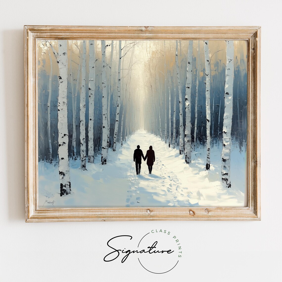 Couple Holding Hands on Snowy Birch Forest Path Romantic Art Poster