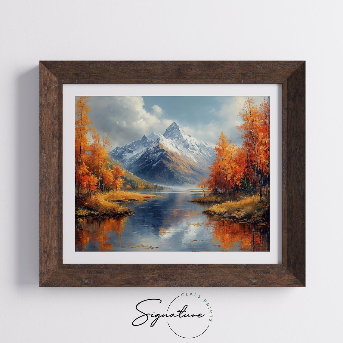 Snow Capped Mountain Reflected in Still Lake Framed by Autumn Birches Wall Art - Image 5