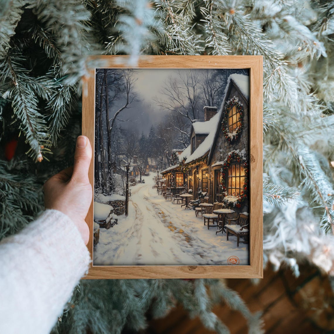 Snowy Cafe Street at Night with Glowing Wreaths Winter Poster - Image 6
