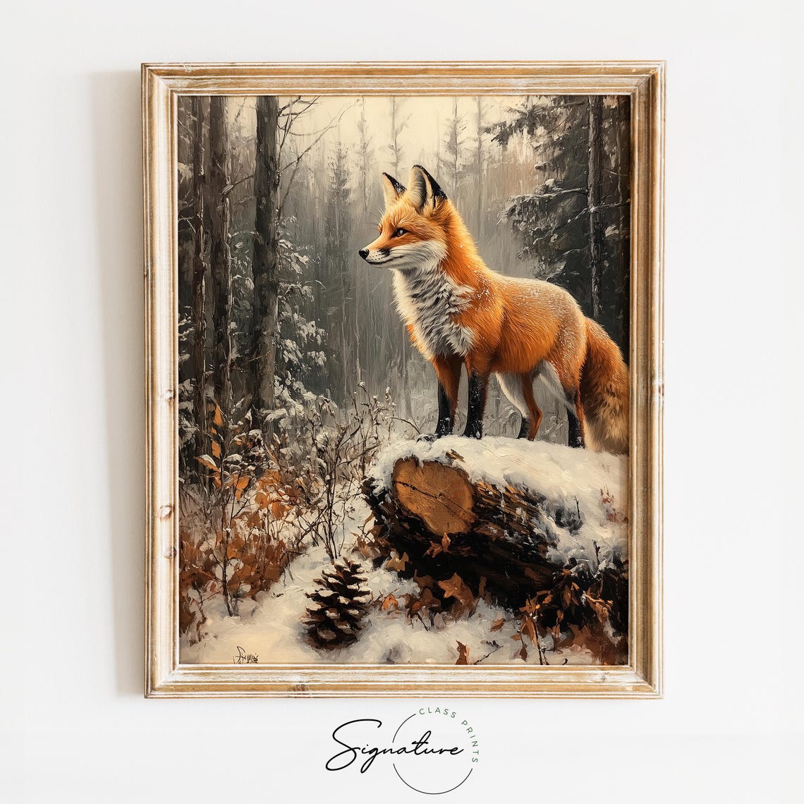 Red Fox On A Snow Covered Log In A Quiet Winter Forest Poster