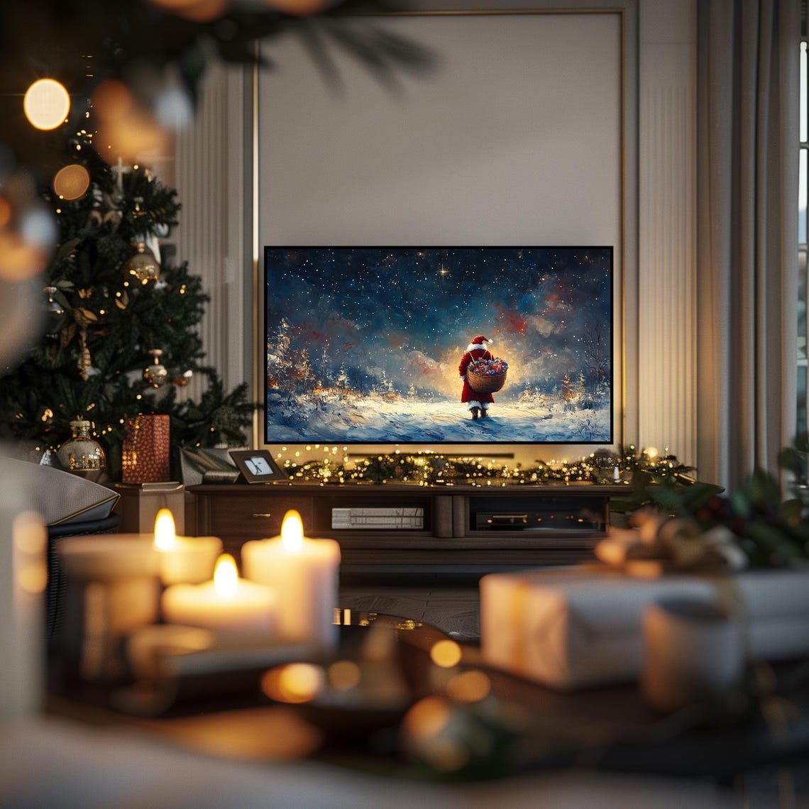 Santa Claus Carrying Toy Basket Under Starry Winter Sky Poster - Image 6