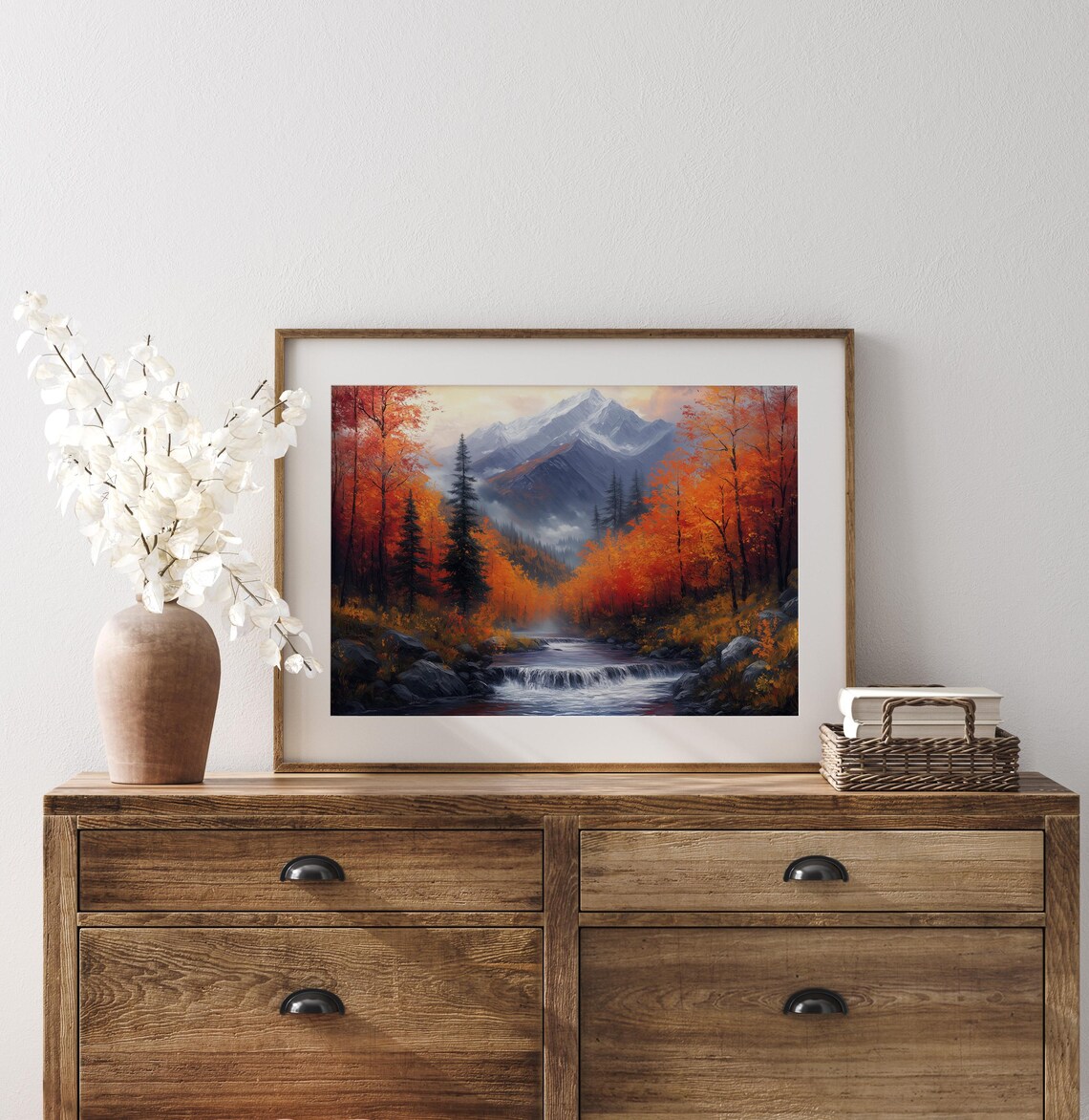 Rushing Mountain Stream Through Autumn Forest With Snowy Peak Beyond Wall Art - Image 3