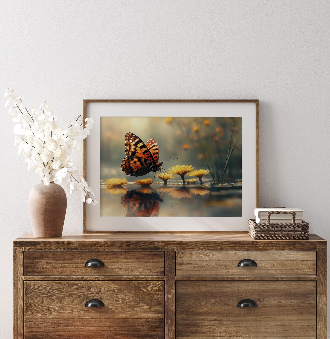Butterfly Reflection In Golden Water With Yellow Flowers Calm Art Poster - Image 2
