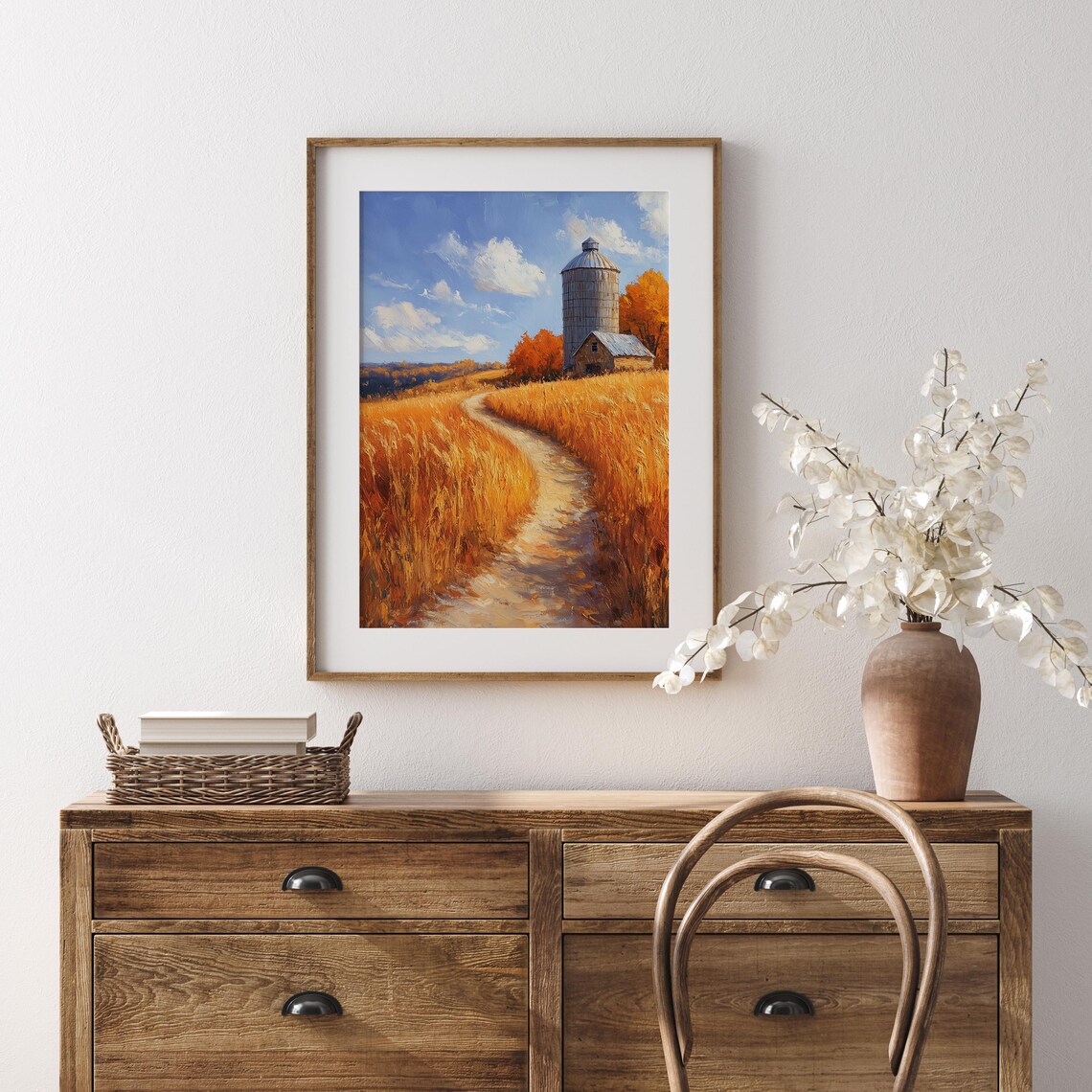Golden Wheat Field With Old Silo and Barn Under Bright Autumn Sky Wall Art - Image 5