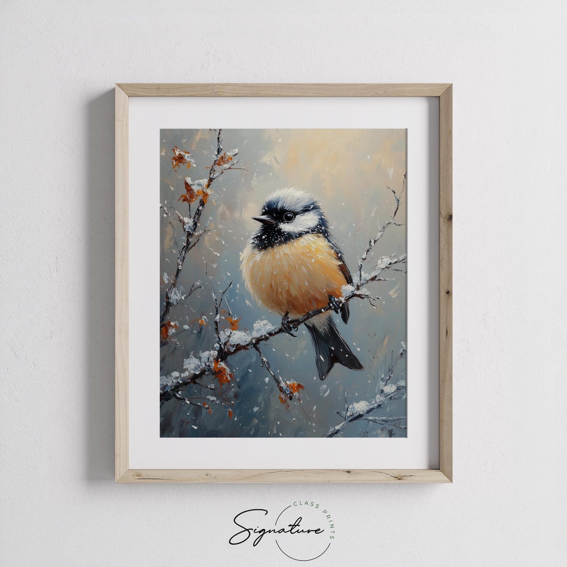Chickadee on Snowy Branch with Red Berries Winter Oil Painting Print - Image 2
