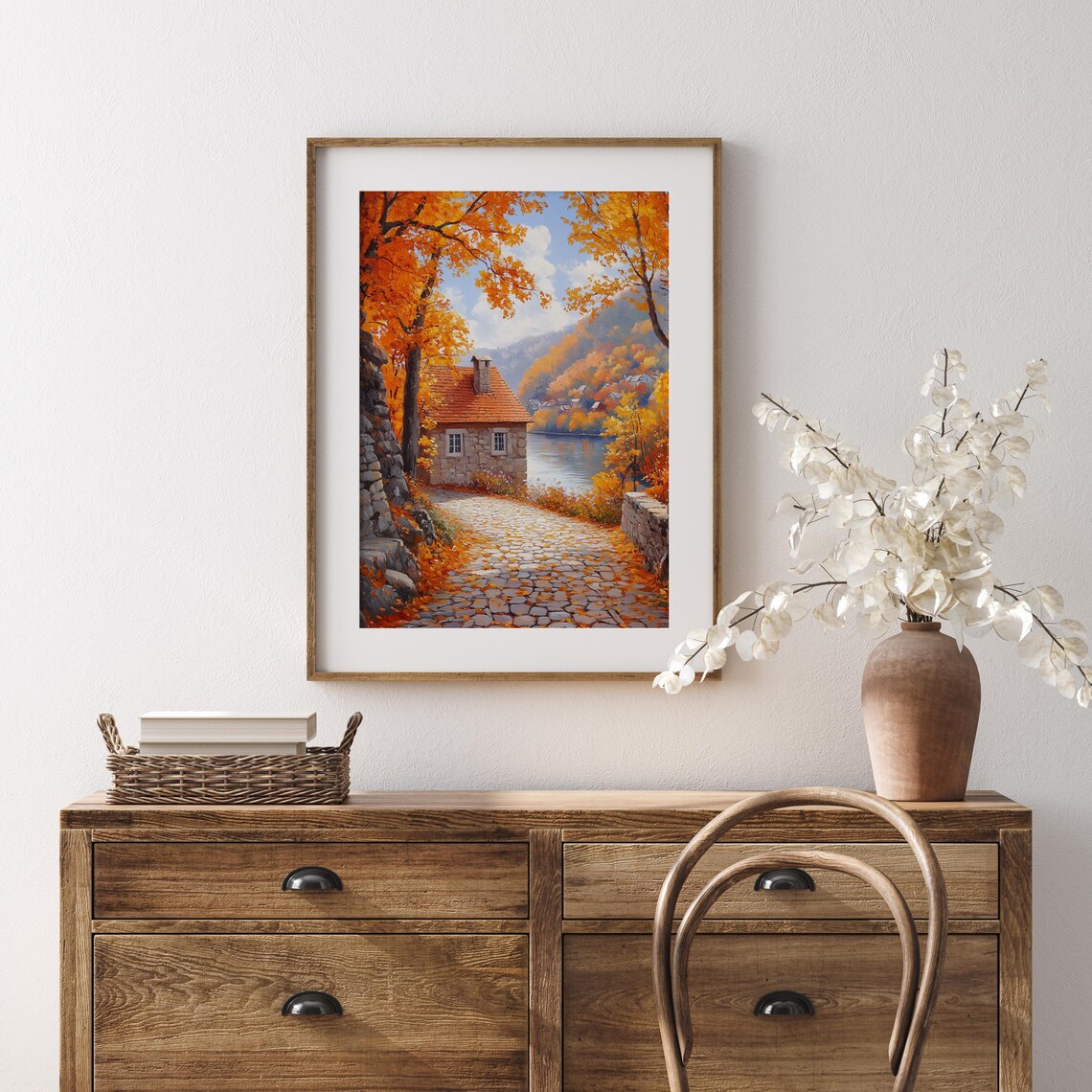 Stone Cottage By The River At The End Of A Golden Cobblestone Lane Poster - Image 5