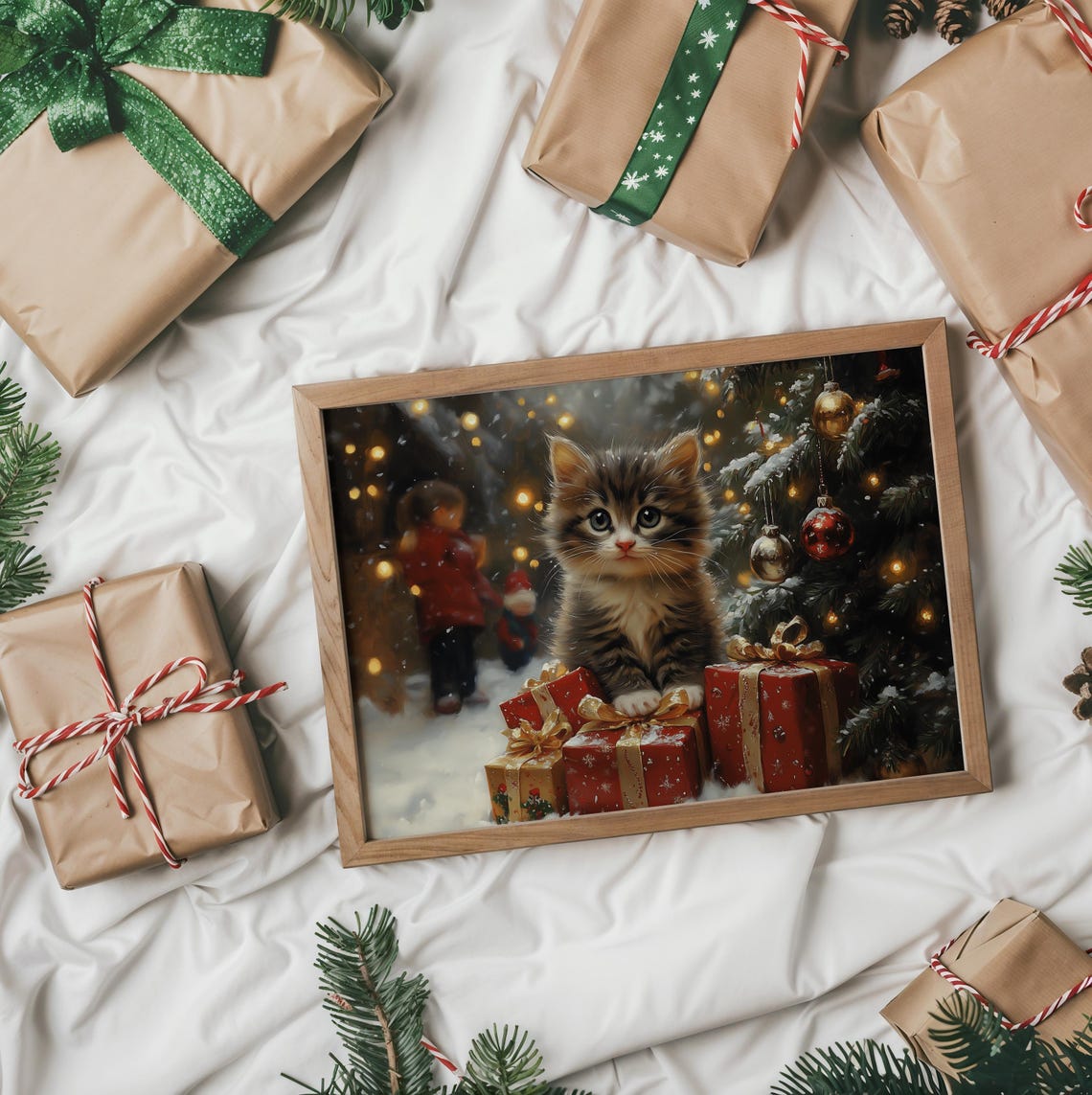 Tabby Kitten Among Red Christmas Gifts by Lit Tree at Night Poster - Image 2