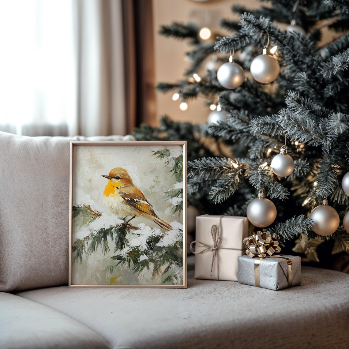 Golden Yellow Songbird on Snowy Pine Branch Winter Oil Style Poster - Image 5