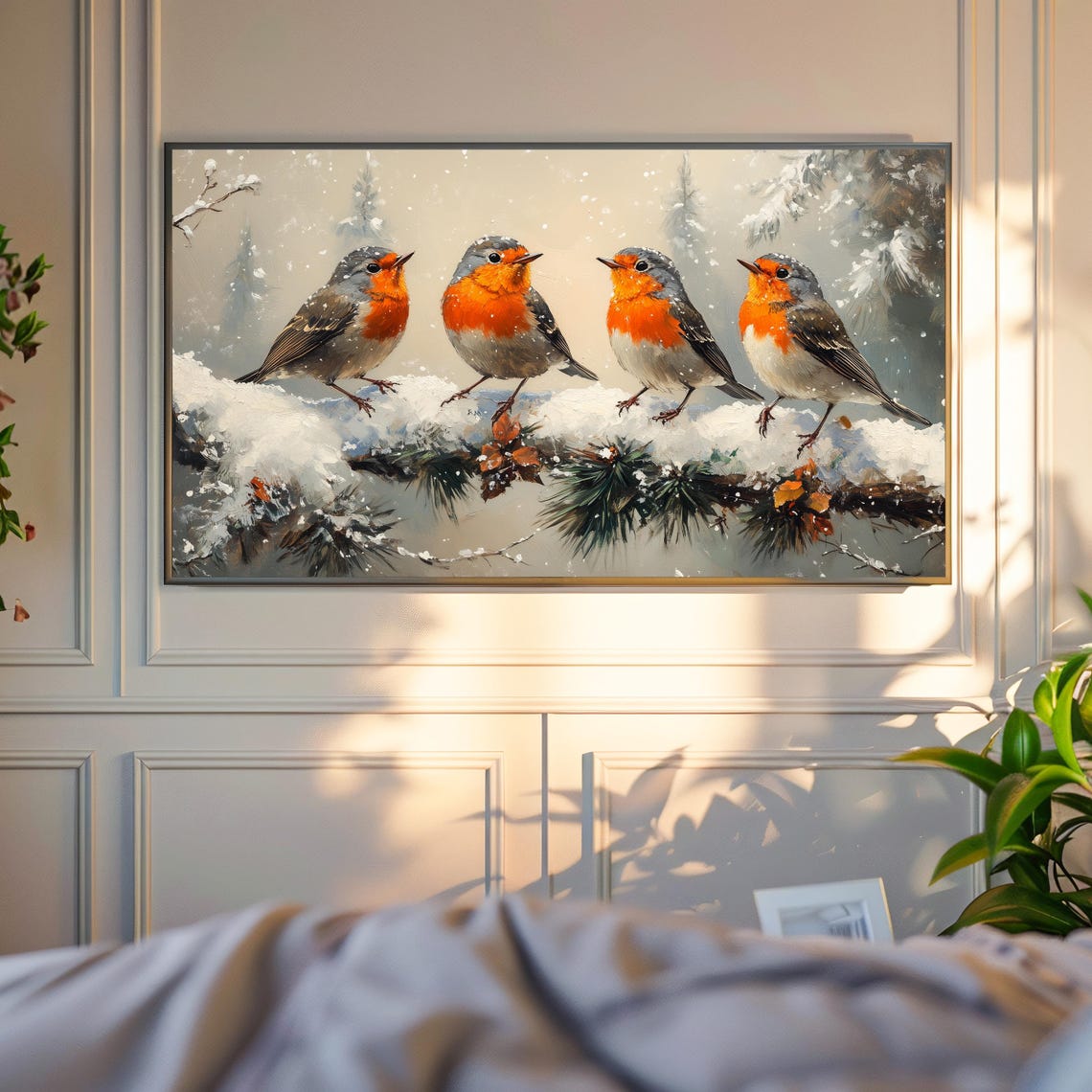 Four Robins on Snowy Branch Falling Snow Rustic Winter Poster - Image 4