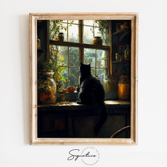 Black Cat Kitchen Windowsill Warm Light Rustic Potions Herbs Art Poster