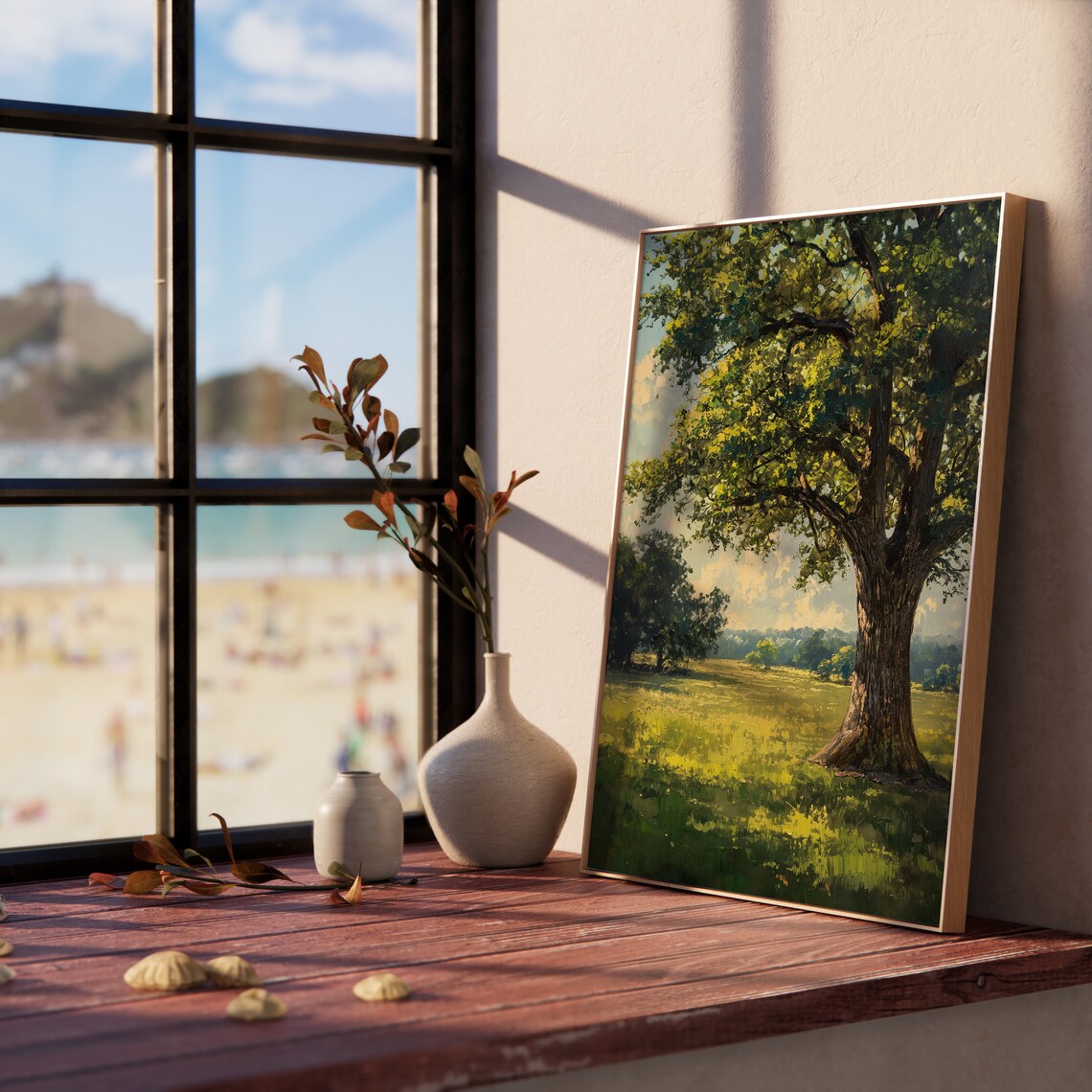 Majestic Oak Tree Sunlit Meadow Summer Shade Green Landscape Oil Poster - Image 5