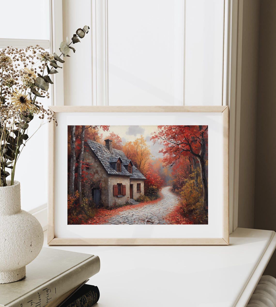 Stone Cottage With Red Shutters On Leaf Strewn Cobblestone Lane Poster - Image 6