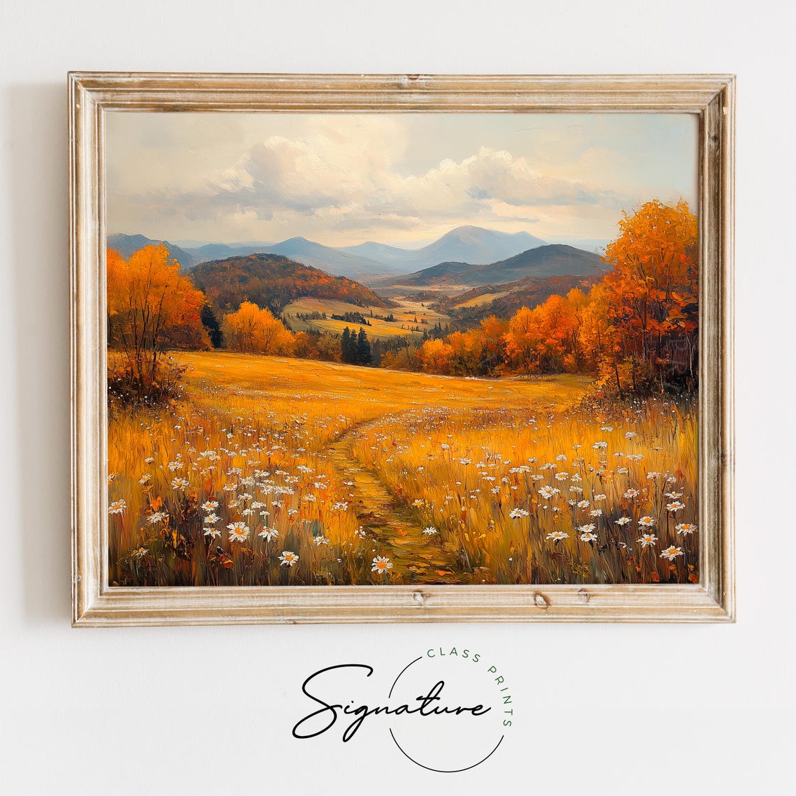 Golden Autumn Meadow With Wildflowers Path To Distant Hills Poster