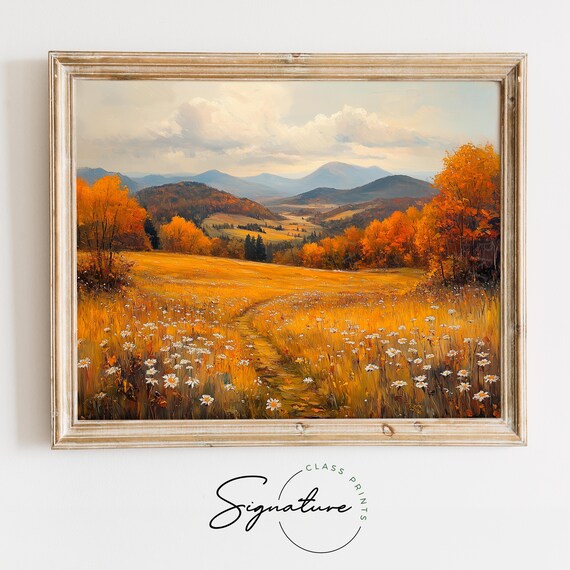 Golden Autumn Meadow With Wildflowers Path To Distant Hills Poster