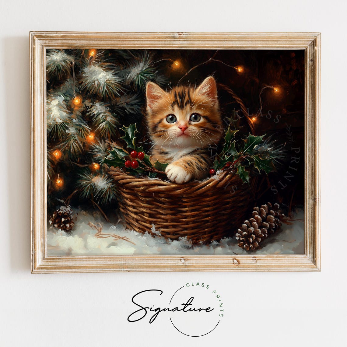 Tabby Kitten in Wicker Basket with Holly Berries and Pinecones Poster