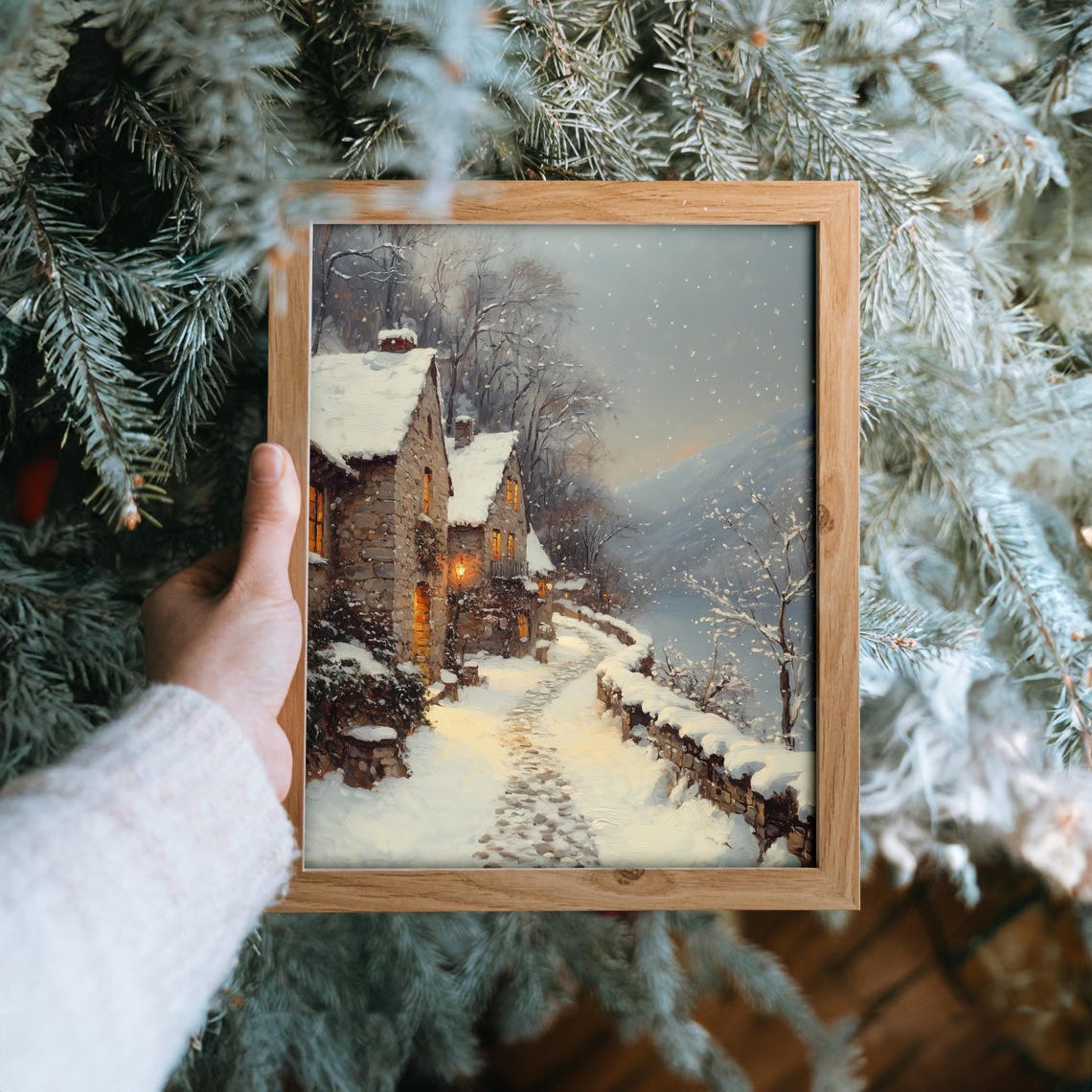 Snowy Cobblestone Lane by the Lake Winter Village Scene Poster - Image 6
