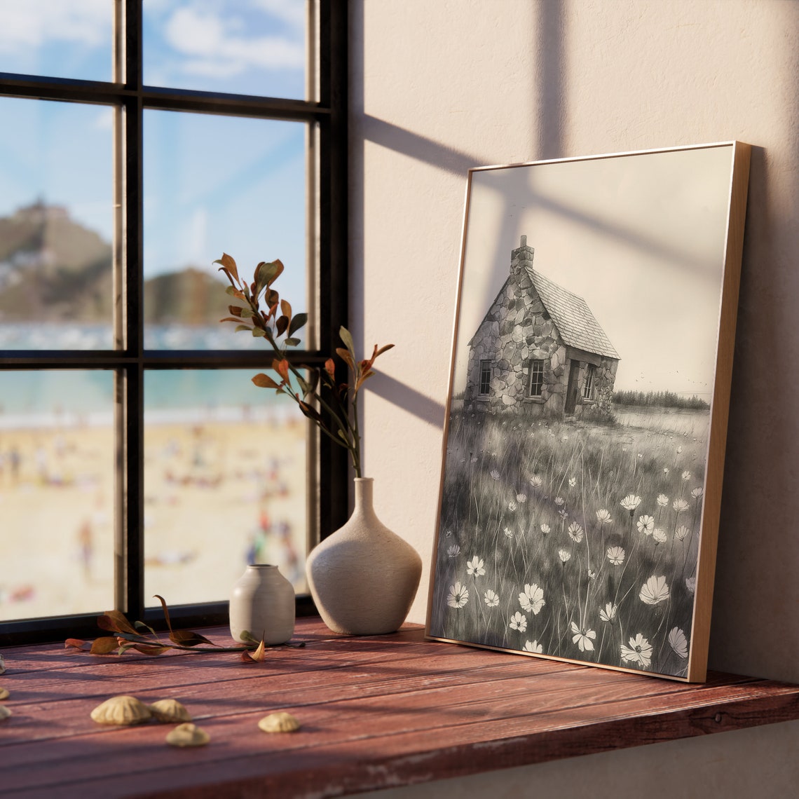Stone Cottage In A Field Of Wildflowers Sketch Rustic Art Poster - Image 5