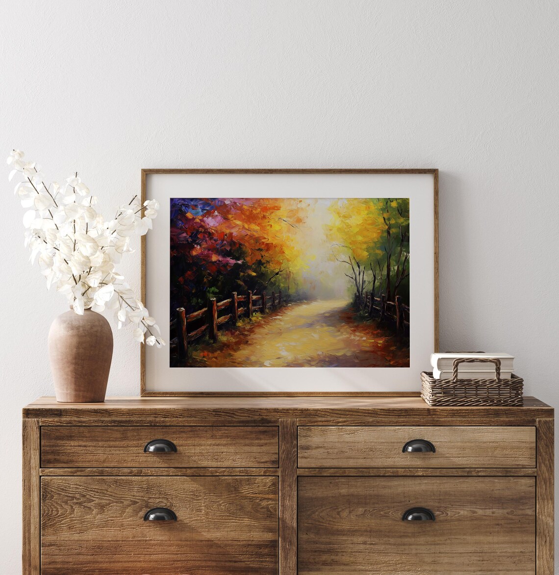 Vibrant Autumn Path With Wooden Fence Colorful Fall Forest Painting Poster - Image 3