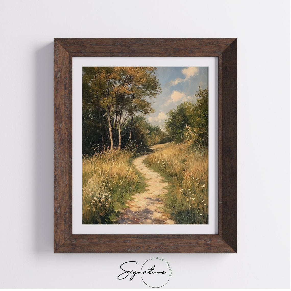 Sunlit Wildflower Meadow Path With Trees Under Bright Blue Sky Poster - Image 3