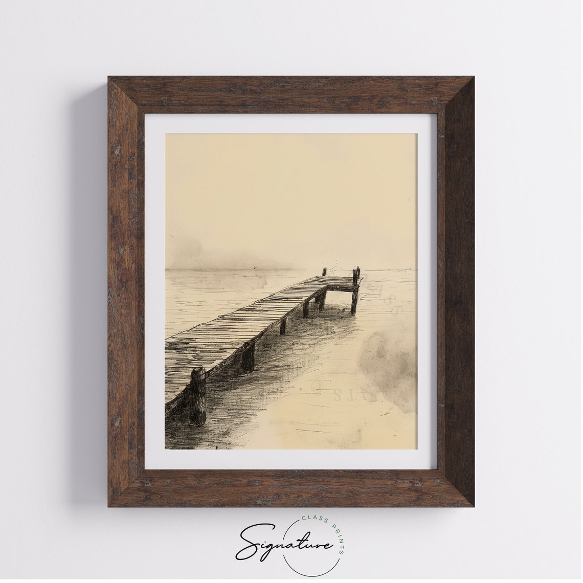 Old Wooden Pier On Misty Lake Sepia Ink Sketch Landscape Poster - Image 4