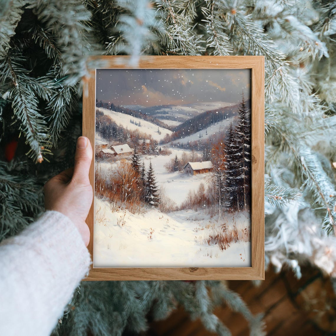 Snowy Mountain Valley with Cabins in Soft Falling Snow Poster - Image 6