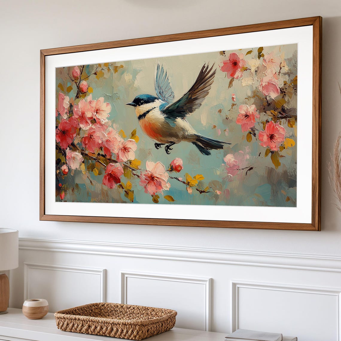 Small Blue Songbird in Flight Pink Blossom Spring Floral Poster - Image 2