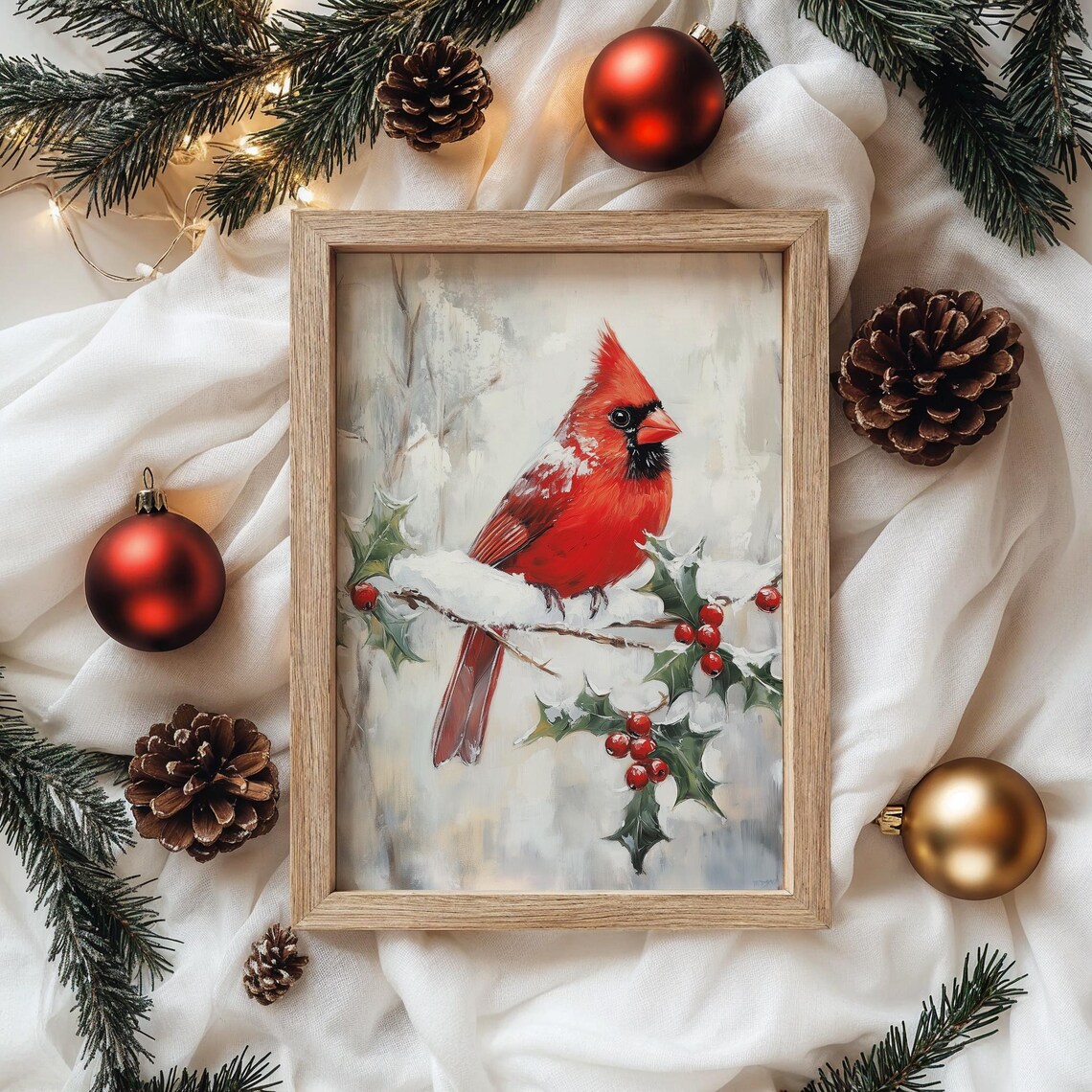 Red Cardinal on Snowy Branch Christmas Bird Art - Image 4