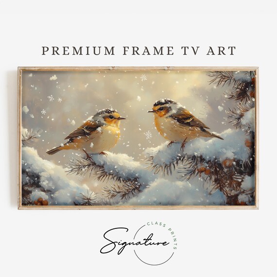 Goldfinches Pair Snowy Pine Branch Winter Birds Falling Snowflakes Poster