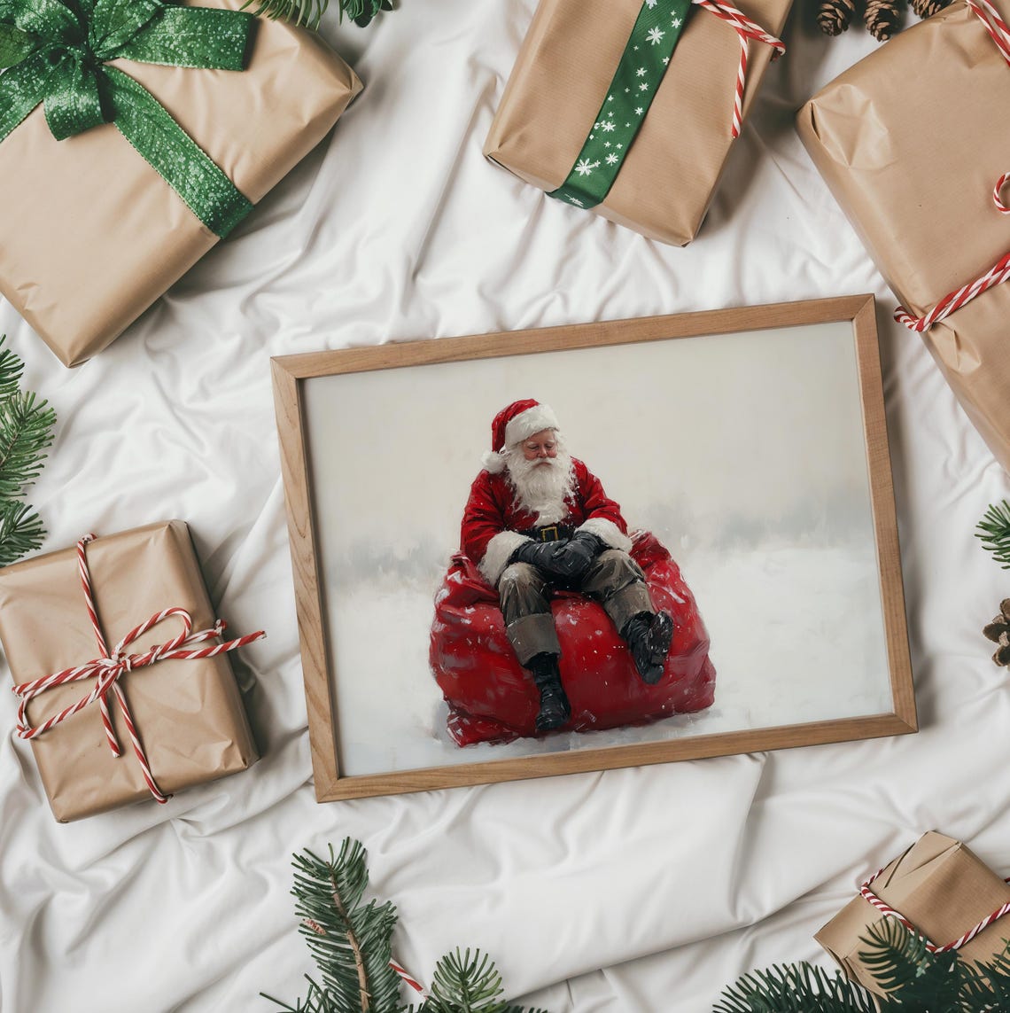 Tired Santa Claus Sitting On A Red Toy Sack In The Snow Art Poster - Image 2