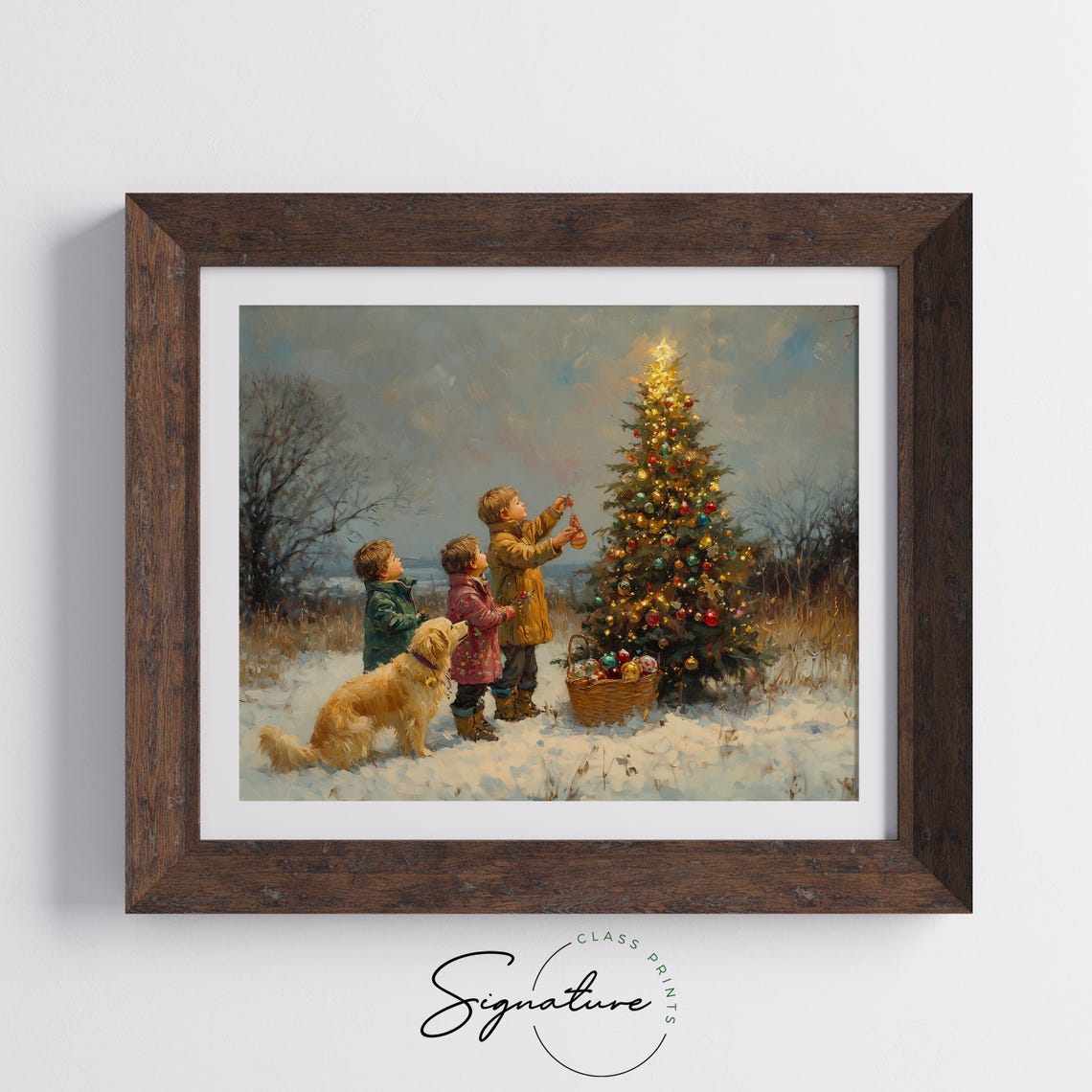 Children and a Dog Decorating a Christmas Tree in the Snow Poster - Image 5