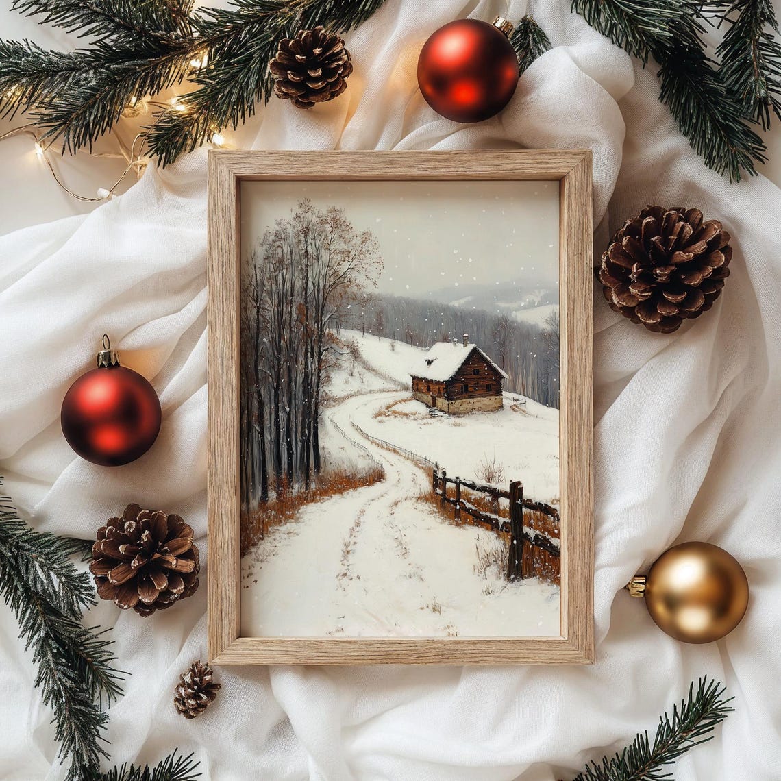 Snowy Log Cabin in Winter with Falling Snow Winding Path Poster - Image 4