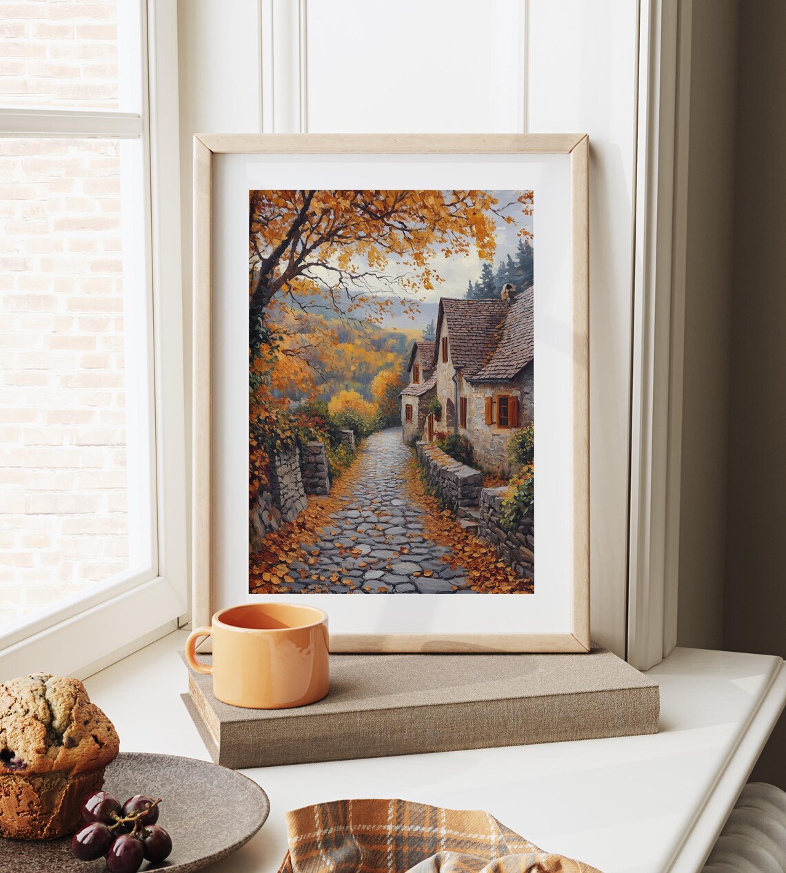 Cobblestone Village Lane, Rustic Autumn Landscape Art Print - Image 6
