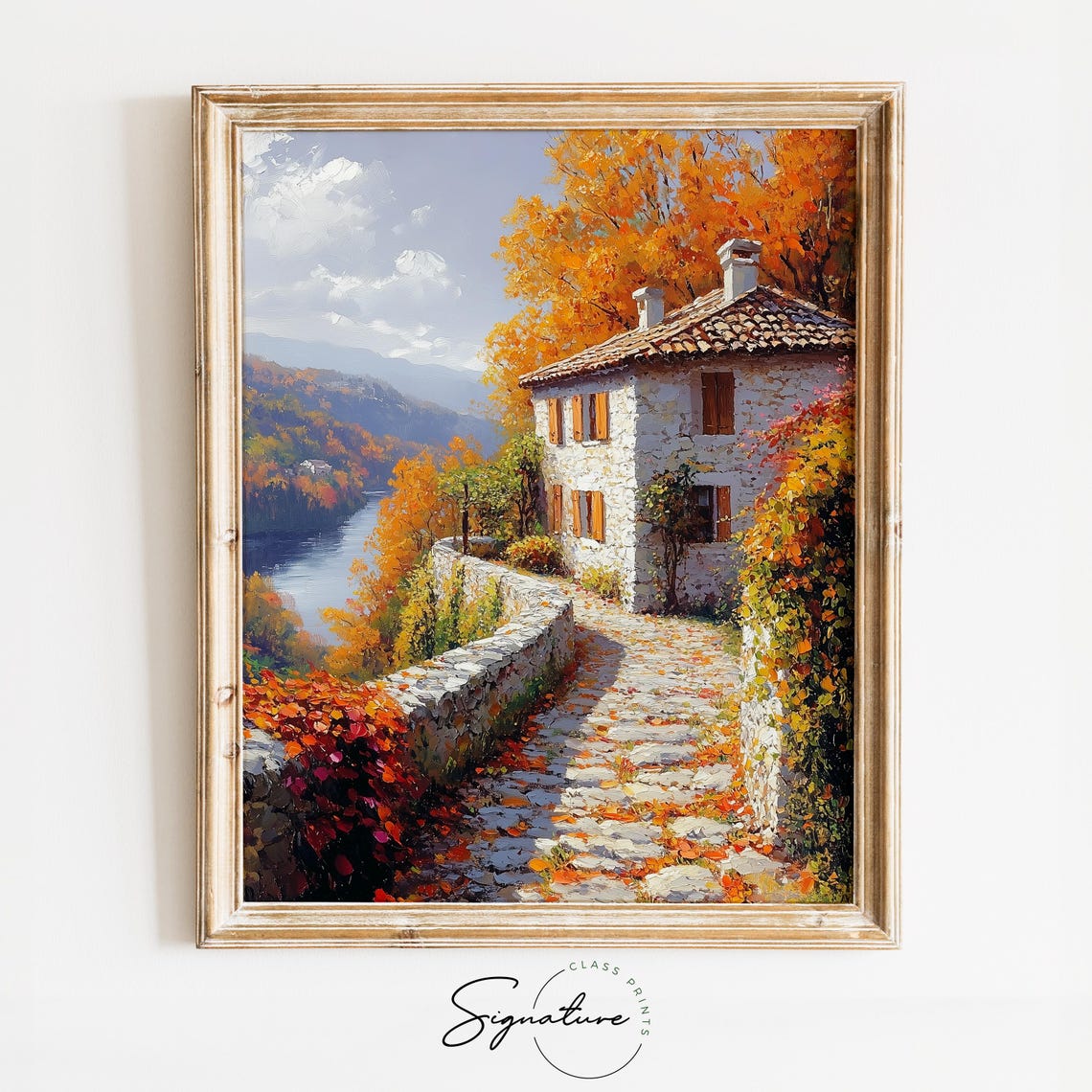 Old Stone Villa Overlooking River Autumn Valley Landscape Print