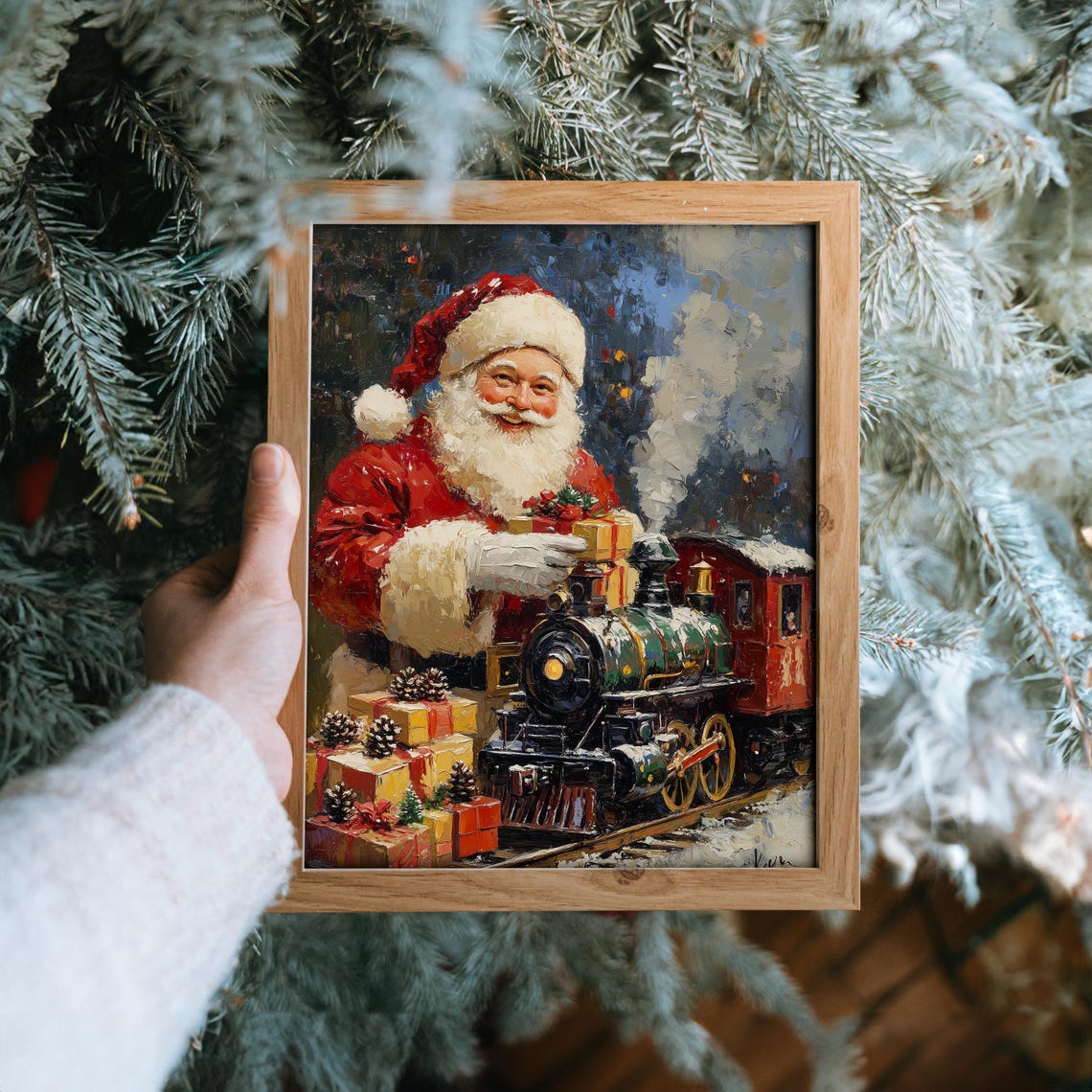 Santa Claus With a Vintage Steam Toy Train and Christmas Gifts Poster - Image 6