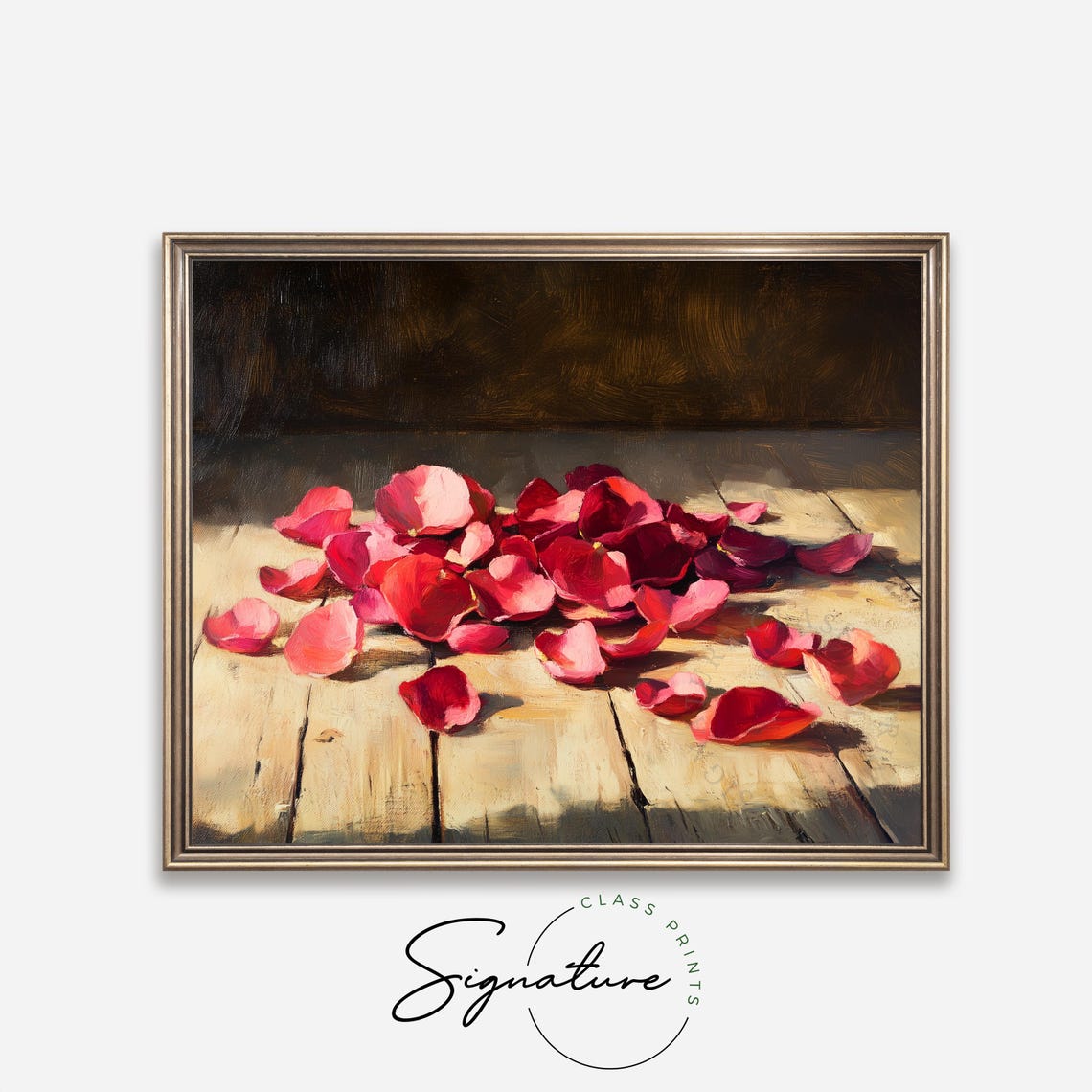 Scattered Rose Petals on Rustic Wood Romantic Oil Painting Art Print - Image 2