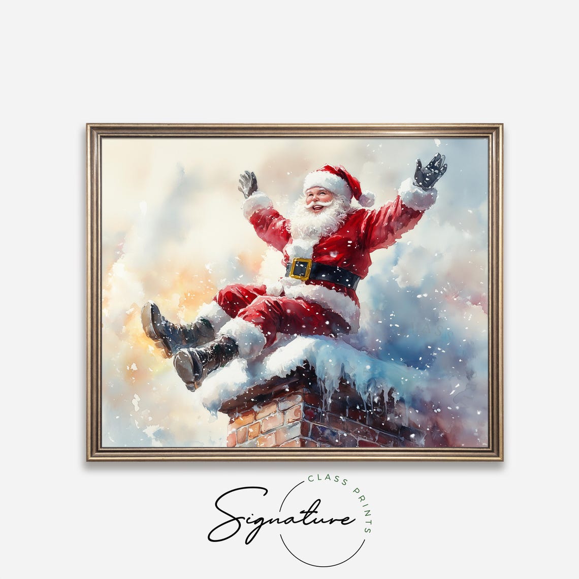 Santa Claus Sitting On A Snowy Chimney With Arms Raised Art Poster - Image 4
