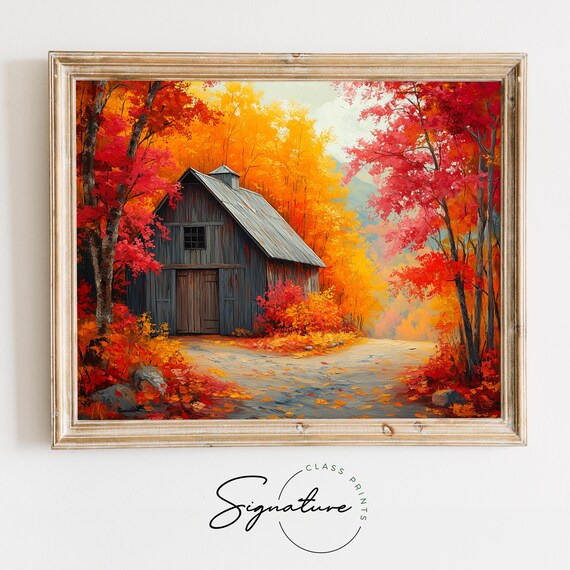 Gray Wooden Barn Hidden Among Crimson and Gold Autumn Maples Wall Art