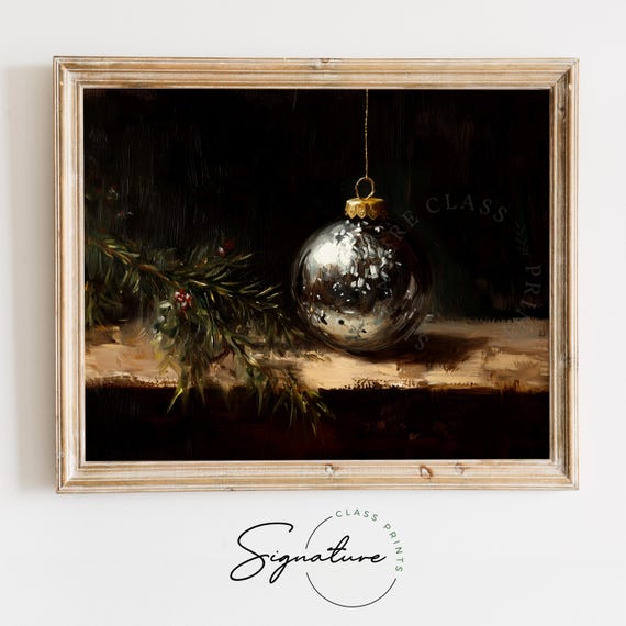 Silver Ornament On Evergreen Wall Art Rustic Christmas Decor Moody Farmhouse Painting Muted Colors Holiday Scene Festive Accent 2778