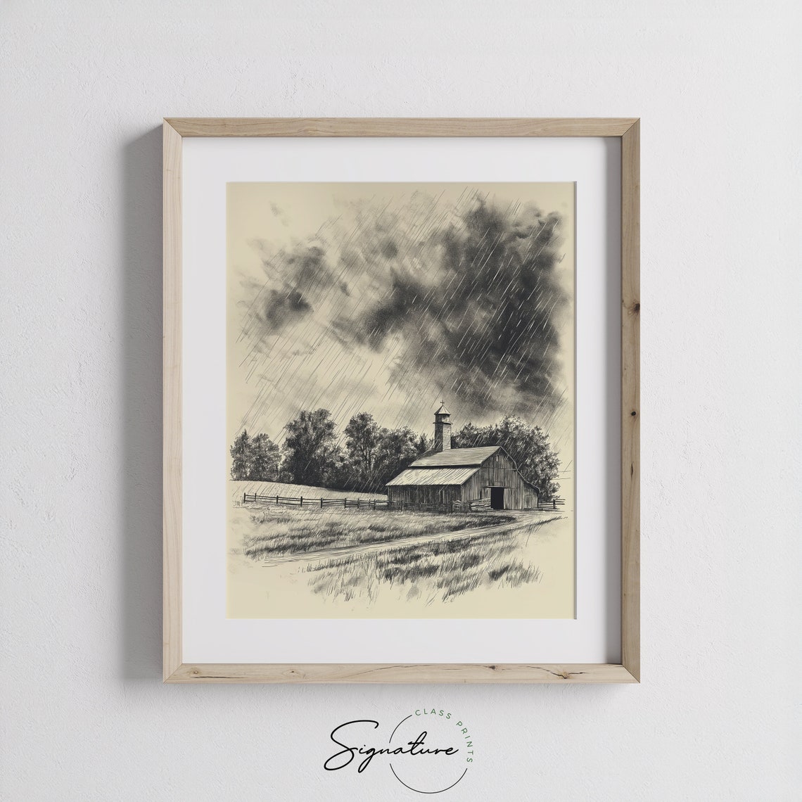 Storm Clouds Over Barn In Rain Vintage Farm Sketch Poster Art - Image 3
