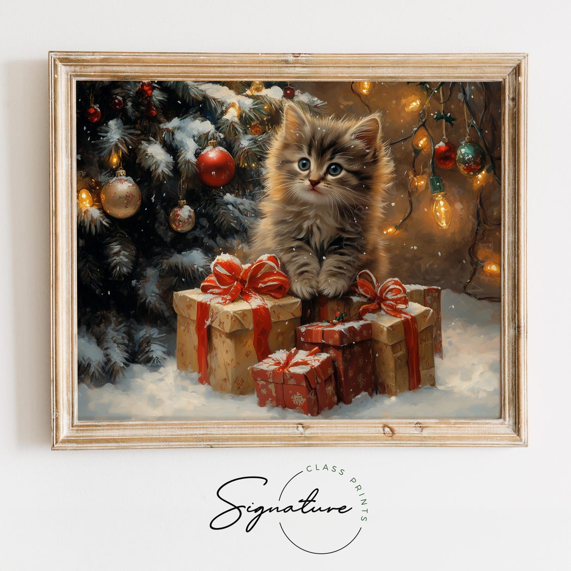 Fluffy Gray Kitten Among Wrapped Gifts with Red Bows at Night Poster